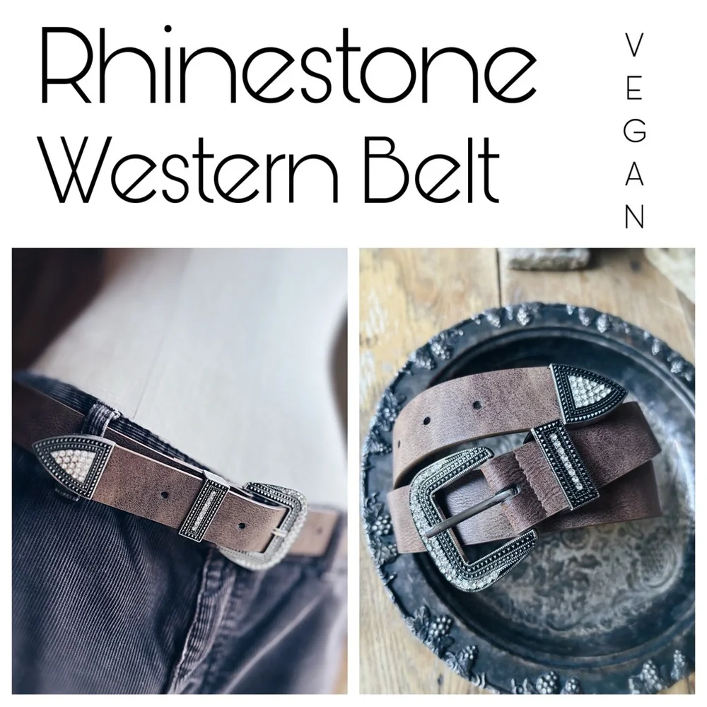 Western Rhinestone Vegan Leather Belt | Warm Brown & Silver | Size 34